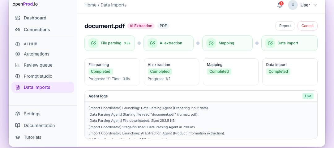 openProd.io — AI-powered product data extraction with compact sidebar
