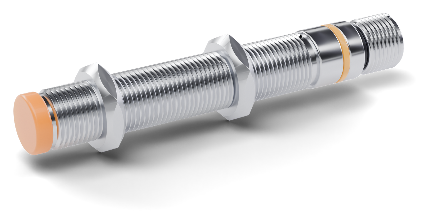 M12 inductive sensor NPN with a long stainless steel housing, two nuts and an orange sensing face