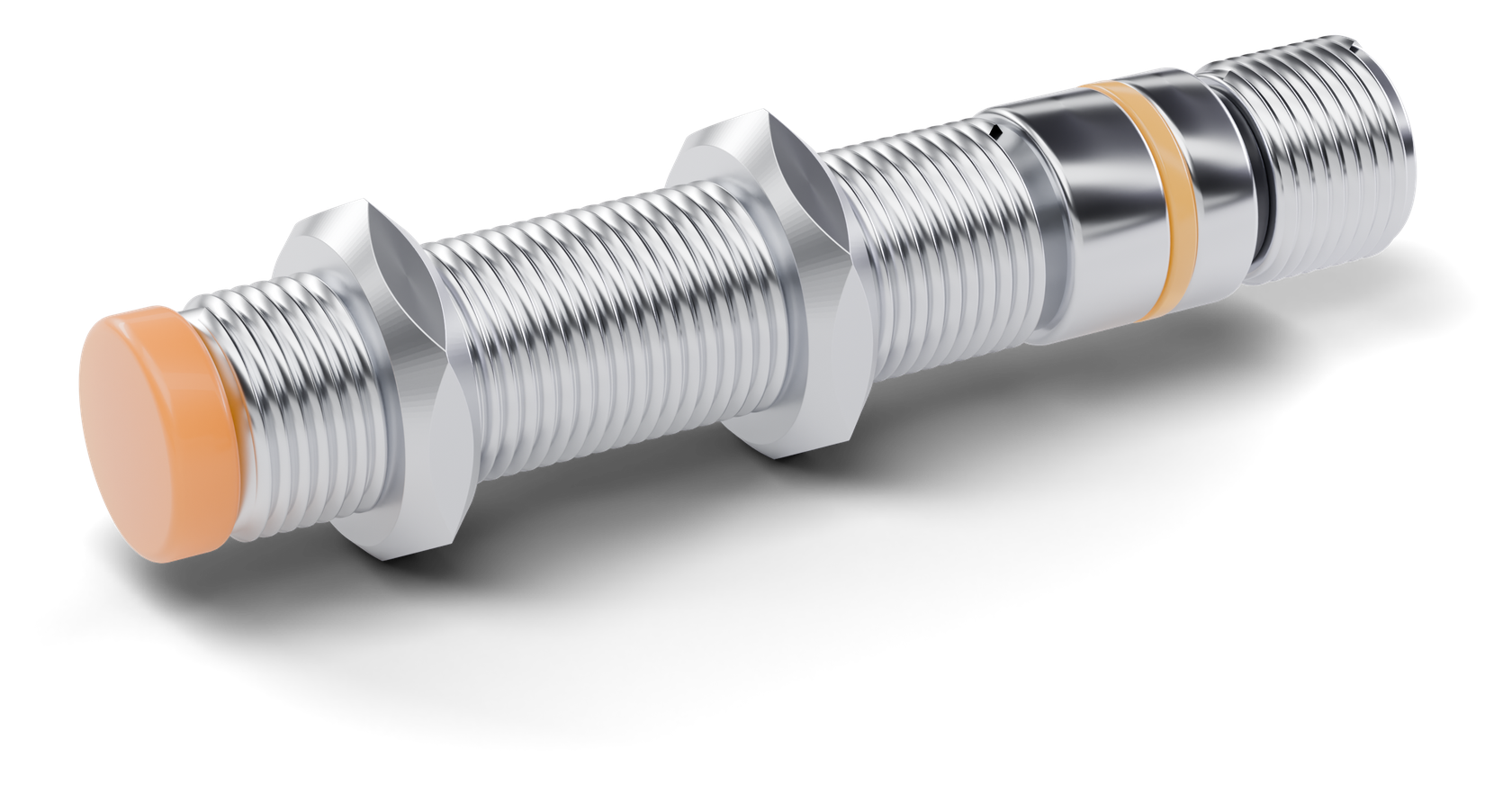 M12 inductive sensor NPN, stainless steel body with an orange sensing face