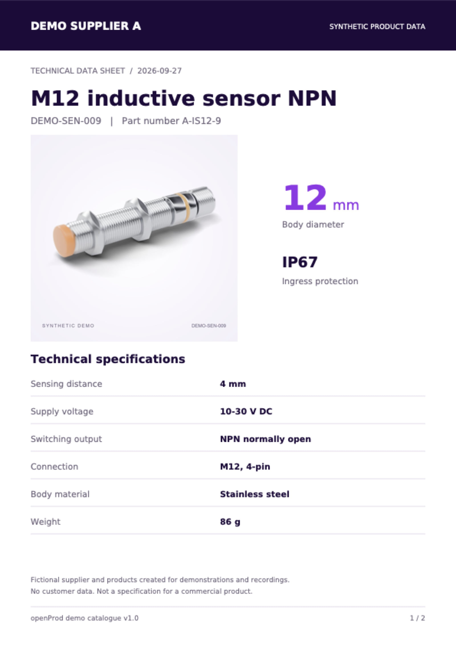 Supplier data sheet for the M12 inductive sensor NPN
